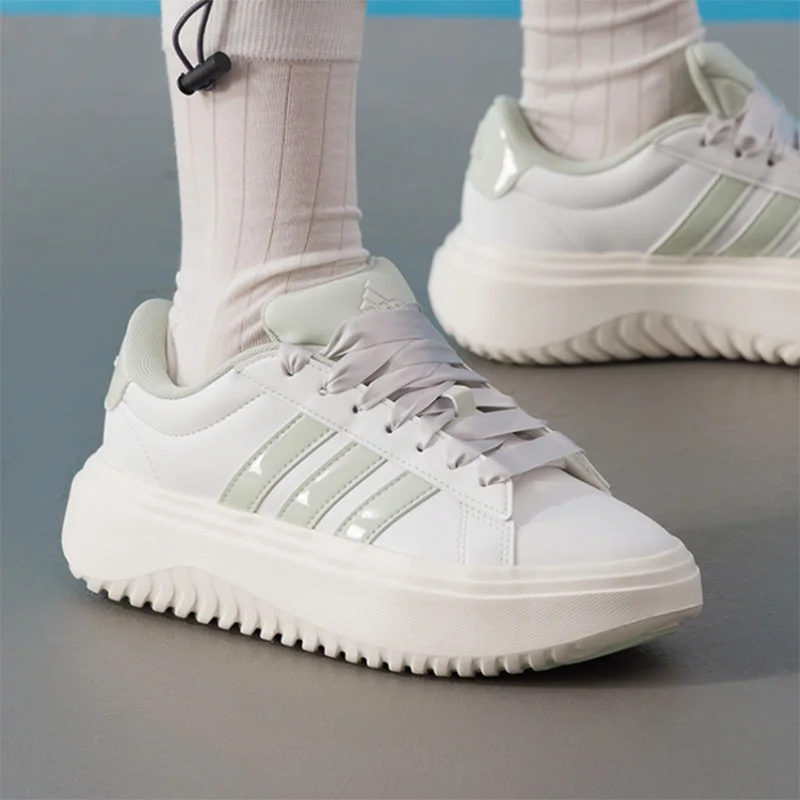 adidas White Light Green Platform Skate Shoes Glossy Three Stripe Ribbon Lace Casual Sneakers Women JR0705