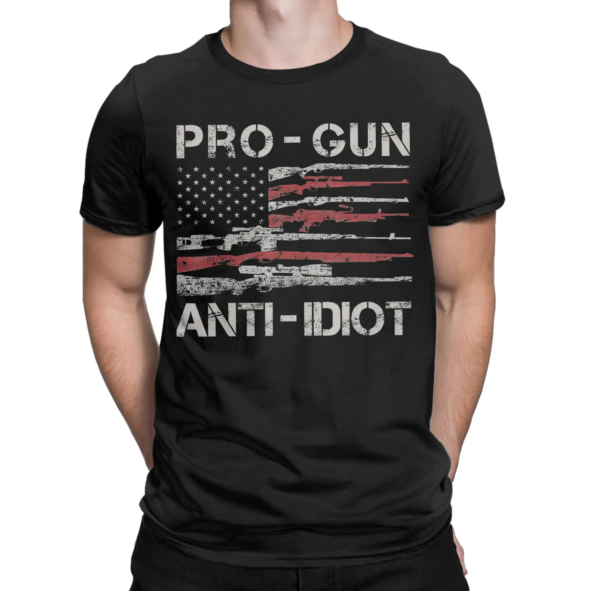 Men's Pro Gun Anti Idiot Shirt Vintage USA Flag 2nd Amendment T-Shirts  Cotton Tees Summer Short Sleeve T Shirt