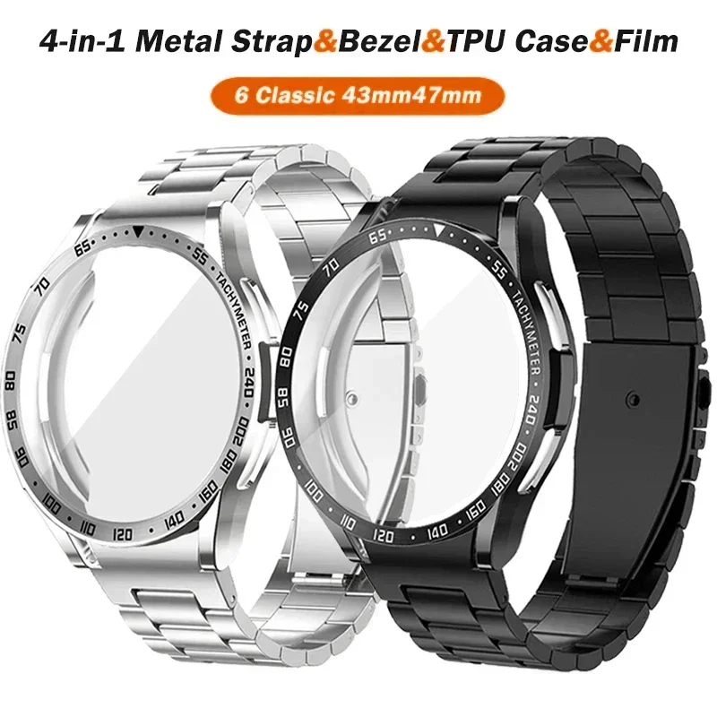 4-in-1 Mod Kit Metal Bezel for Samsung Galaxy Watch 6 Classic 5 Pro 4 47mm 45/44/40mm Stainless Steel Band Frame Case Glass Film