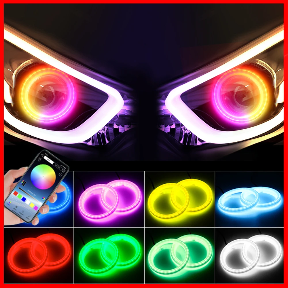 

Светодиодные RGB-кольца Angel Eye 60-120 мм с управлением через приложение, RGB, DRL и функцией указателей поворота, атмосферная подсветка для декора фар автомобиля и мотоцикла