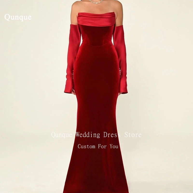 

Qunque Burgundy Mermaid Evening Dresses Vestidos De Fiestas Elegantes Mujer Customized Off Shoulder Velour and Satin Prom Dress