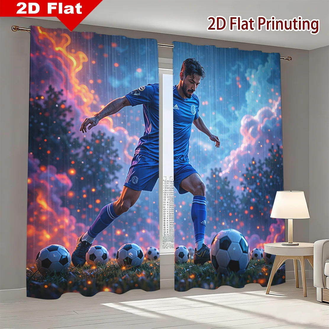 Dynamic Soccer Football Player Action Print Curtains Sport Stadium Backdrop Room Decor Window Drapes for Fan Gift