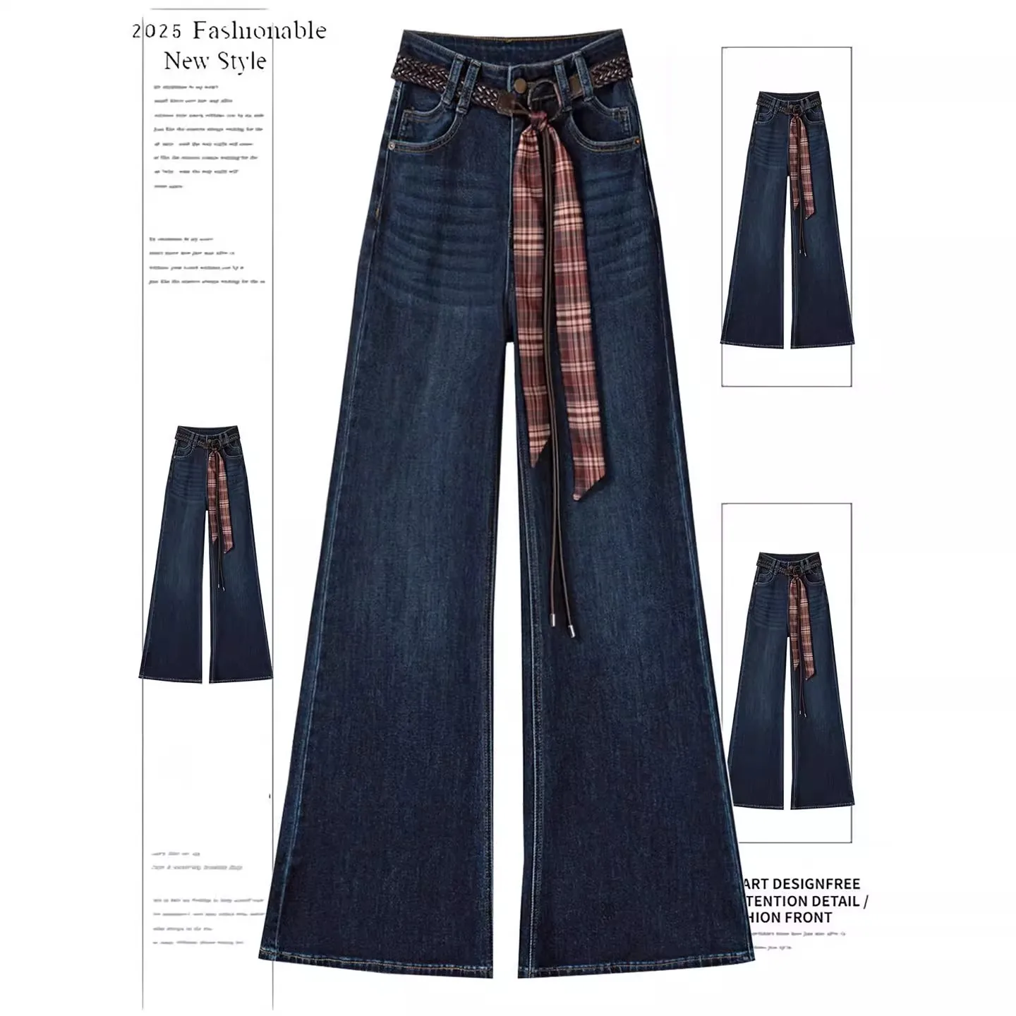 

Men's Loose Fit Flared Jeans Belted Plaid Waist Large Size Autumn Winter Casual Straight Leg Trousers Trendy Polyester Fiber