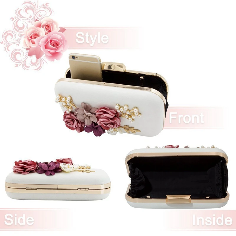 Women Clutches Purses Bags Flower Leather Envelope Pearl Wallet Evening Handbag(White)