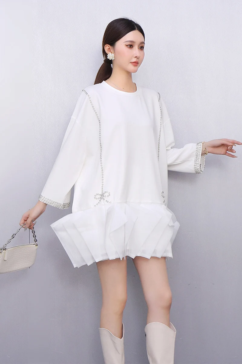 2025 autunno nuove donne eleganti allentate O collo T-shirt abiti corti abito femminile a maniche lunghe all'ingrosso J2032