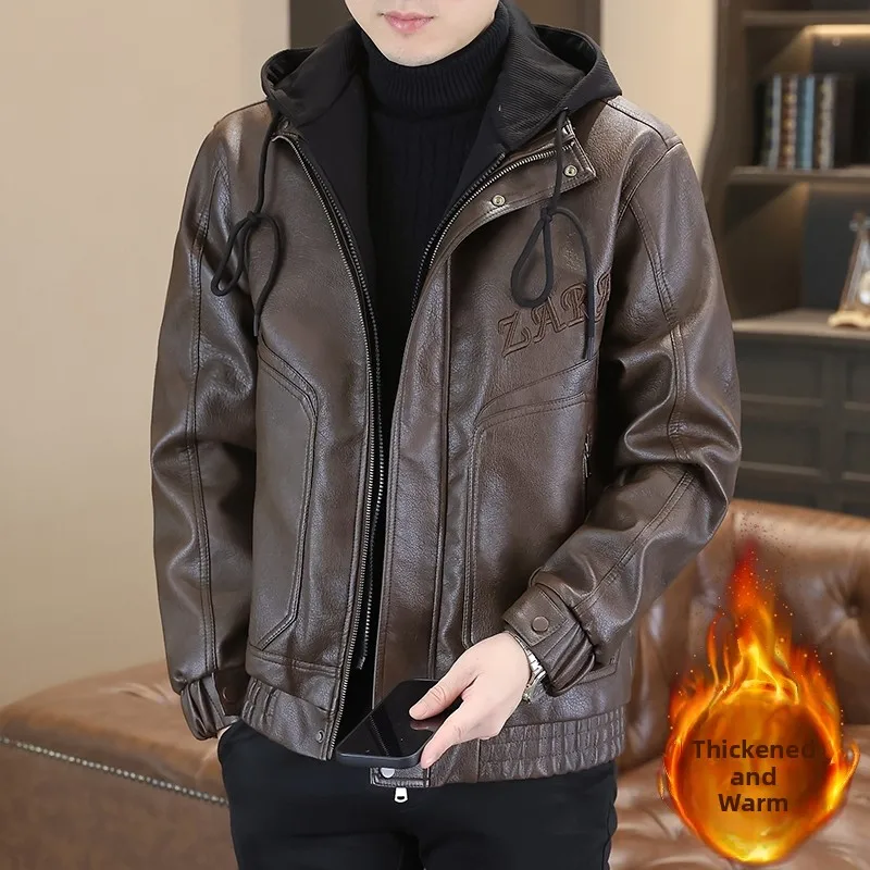 

Winter New Faion Men's Thiened Fce Lined Hooded Jaet Detachable Coat Warm Large Size Trendy European Sle PU Material