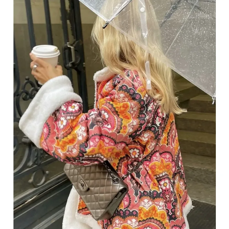 Vintage Patchwork Print Lambswool Cotton Jacket Women Winter Warm Fleece Lining New Cotton Coat Single-Breasted Long Sleeve Top