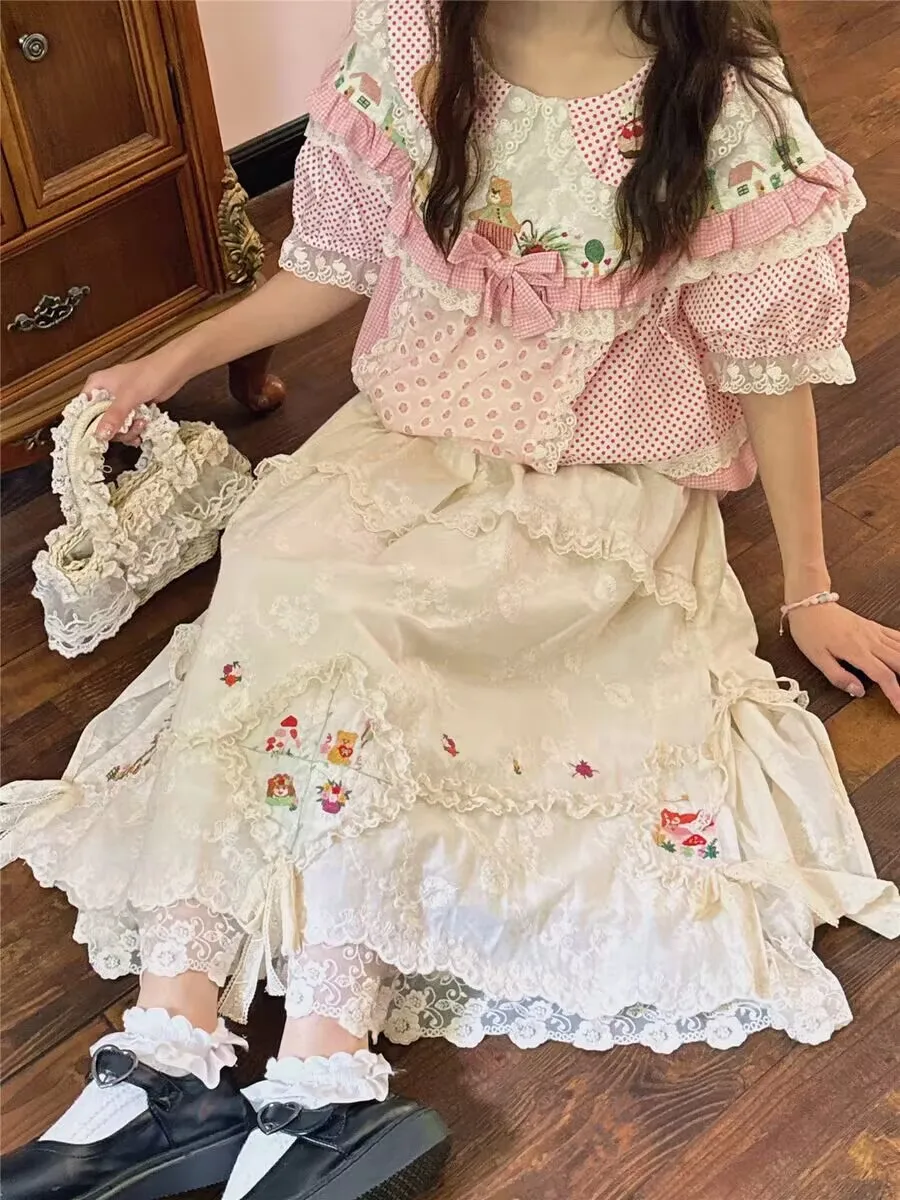 Women Vintage Embroidery Lace Ruffled Midi Pleated Skirt New Casual A-line Skirt Japanese Lolita Style Cotton Linen Skirt