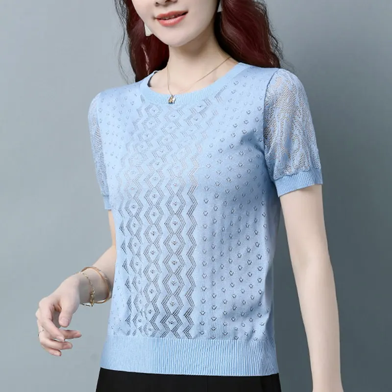 Elegant Fashion Harajuku Slim Fit Female Clothes Loose Casual All Match Knitwear Solid Lace Hollow Out Short Sleeve T-shirts