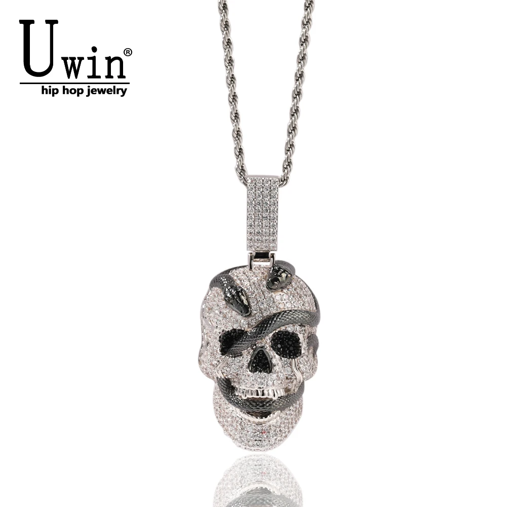 

UWIN Black Snake Skull Pendant Full Iced Out Bling Cubic Zirconia Necklace Brass Charm Fashion Hip Hop Jewelry For men