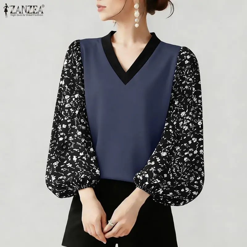 

ZANZEA Woman Floral Printed Lantern Sleeves Blouses V-Neck Contrast-Color Patchwork Tops 2026 Summer Elegant Blusas de Mujer 3XL