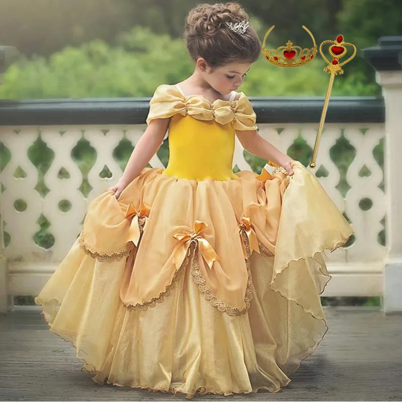 Princess Dress Kids Cosplay Costumes for Girls Disguise Costumes Yellow Fancy Elegant Gown Fairy Beauty Halloween Party Vestidos