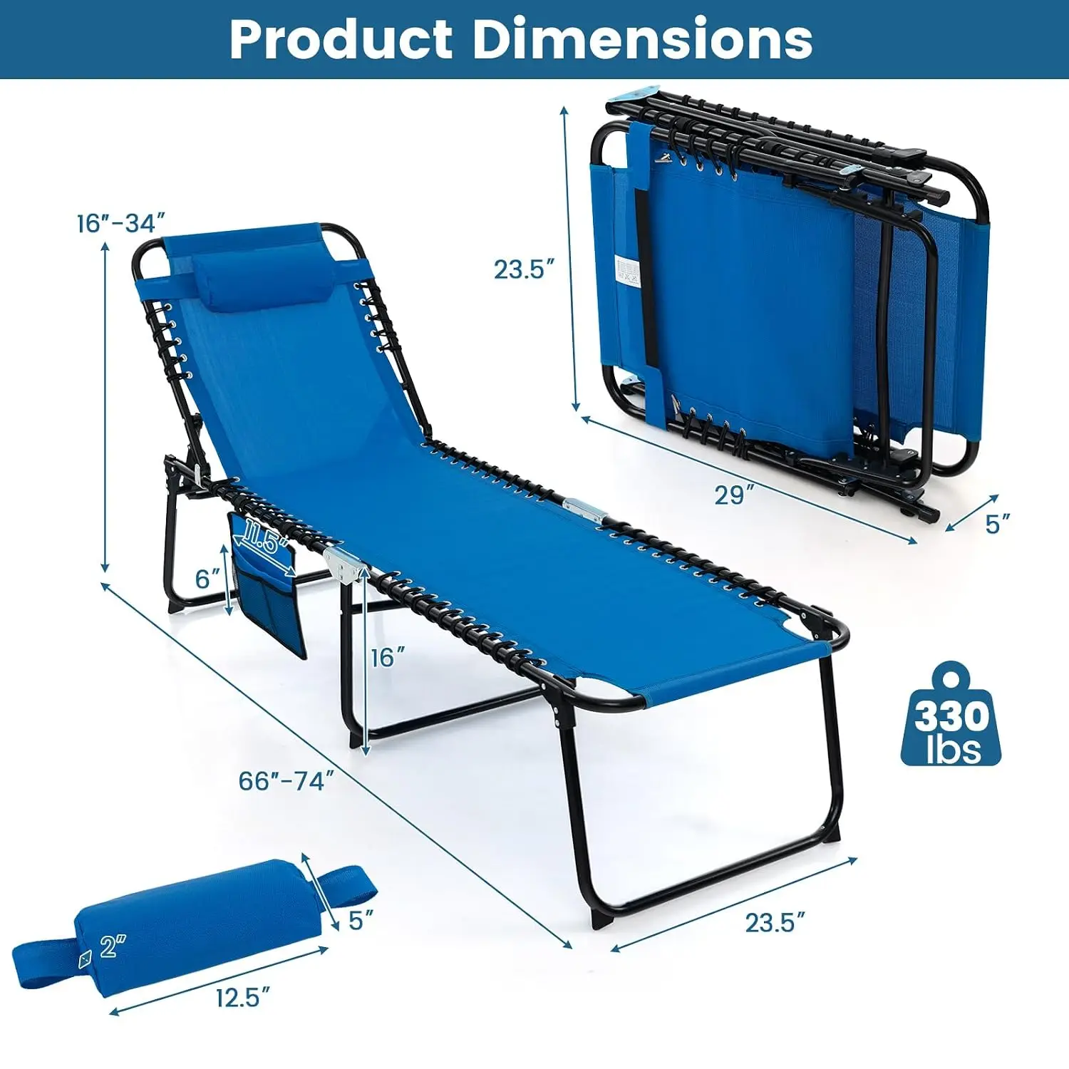 Folding Chaise Lounge Chair with Detachable Pillow & Side Pocket, Adjustable 5-Position Recliner for Patio Pool, Customized