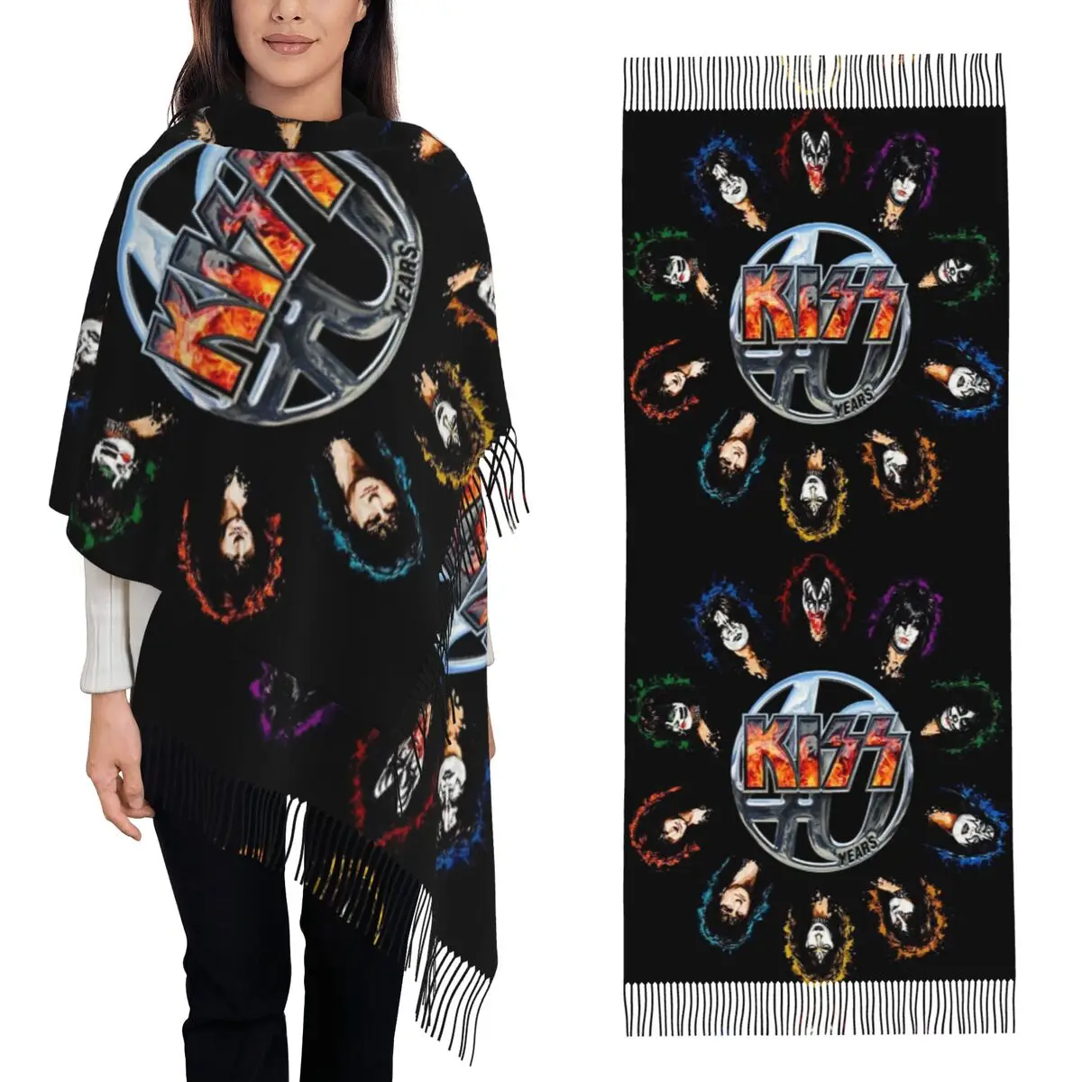 KISS The Band デーモンレッド ロックミュージック スカーフ タッセル付きスカーフ レディース ソフトで暖かいショールとラップ ロング 秋 冬 ショール ラップ