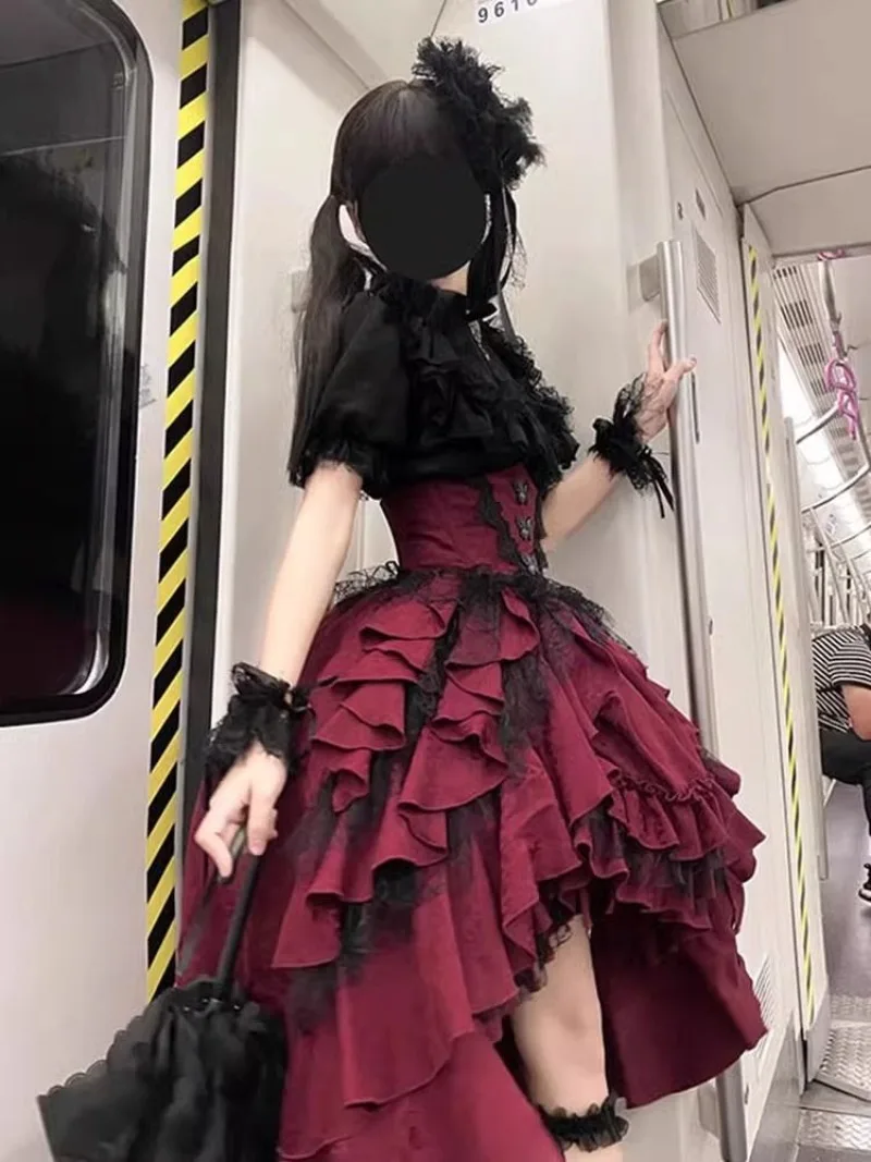 IOOTIANY Japanisches, dunkles Gothic-Lolita-Kostüm im Cosplay-Stil, Damen-Kleid mit schmaler Taille, vielseitiges Spitzenkleid im Prinzessinnen-Stil, Y2k-Kleid. – Detail 7