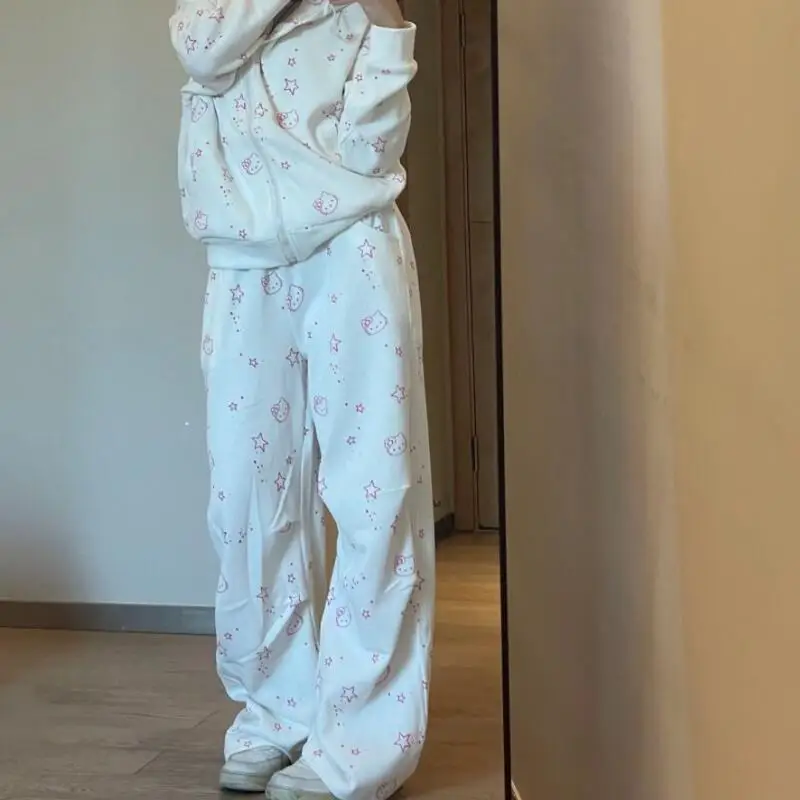 

Sanrio gril Hello kitty Straight-cut pants cotton kawaii Student Fashion Wide leg Cartoon Autumn winter casual leisure new style