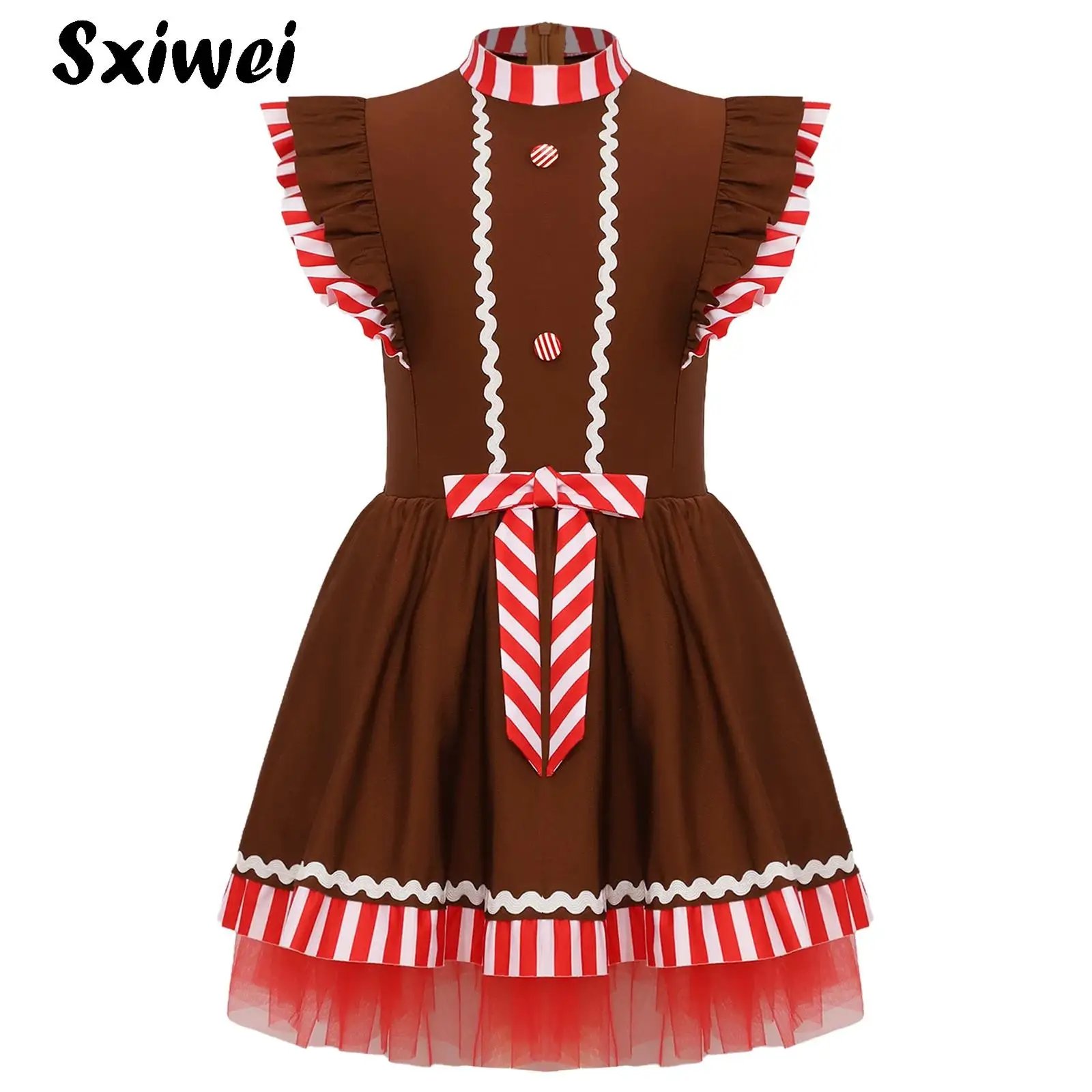 

Girls Christmas Gingerbread Man Costume Striped Bowknot Ruffle Mesh Tutu Ballet Dance Dress Figure Skating Leotard Dancewear