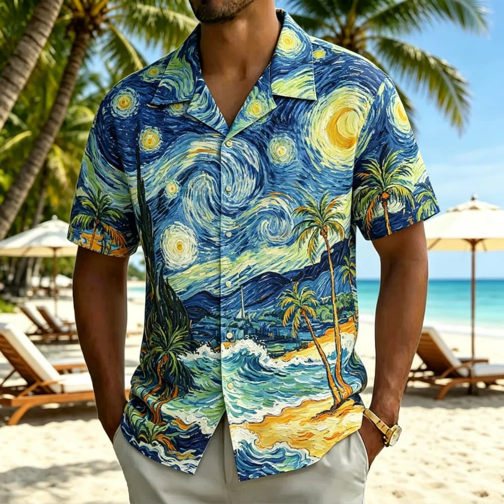 Men's Starry Night Art Printed Hawaiian Shirt, t for summer vacations, beach parties, daily outdoor activities, and music events