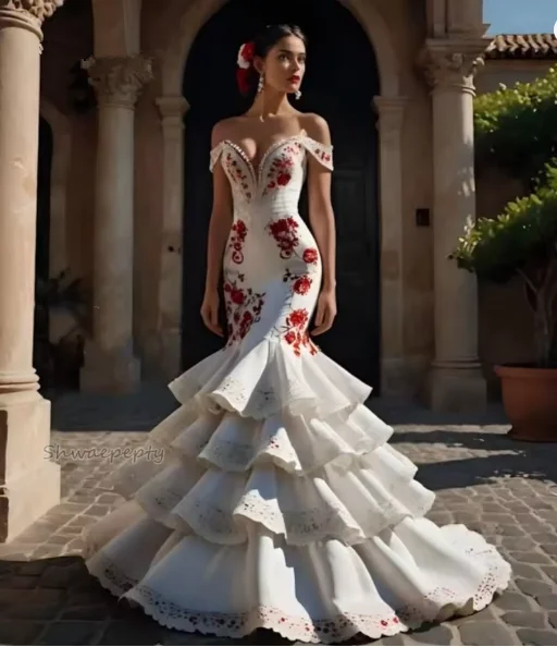 

Вечерние платья русалки фламенко с оборками, многоуровневое белое и красное танцевальное платье для испанского приема, платье для выпускного вечера с кружевными аппликациями по индивидуальному заказу