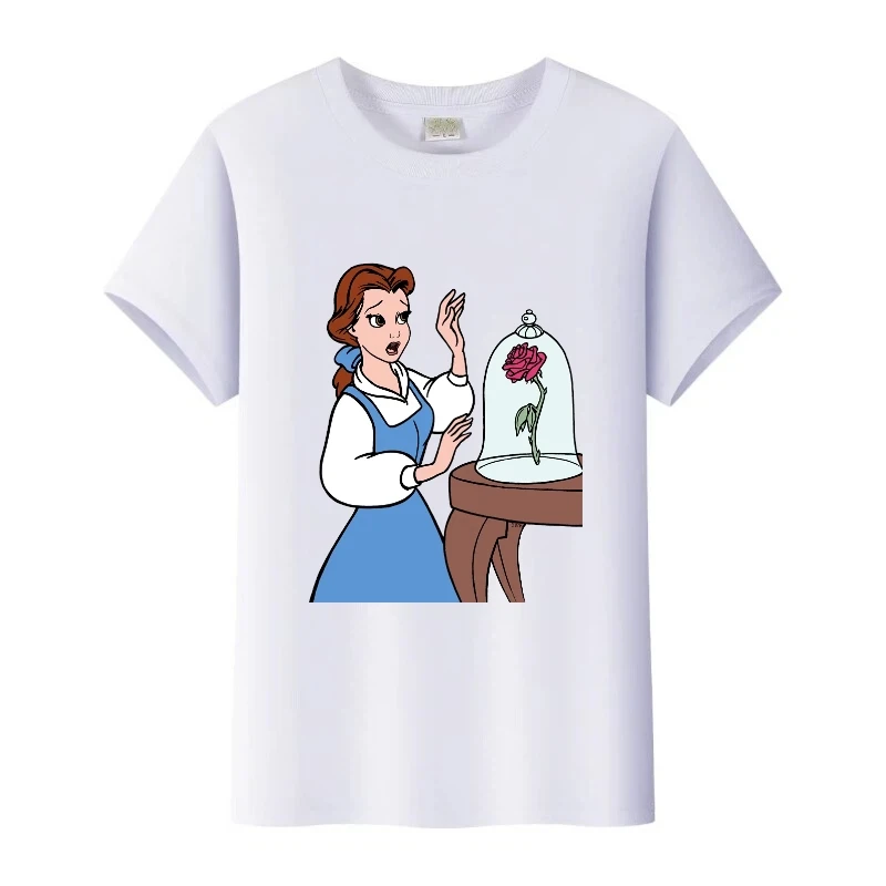 

Disney Beauty And The Beast Belle Princess Graphics Girls Tees Woman O-Neck T-Shirt White Men Tshirt Harajuku Tops Cheap Clothes