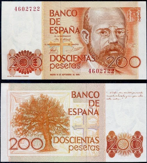 1980 Spain 200 pesetas Original Notes UNC (Fuera De uso Ahora Collectibles)