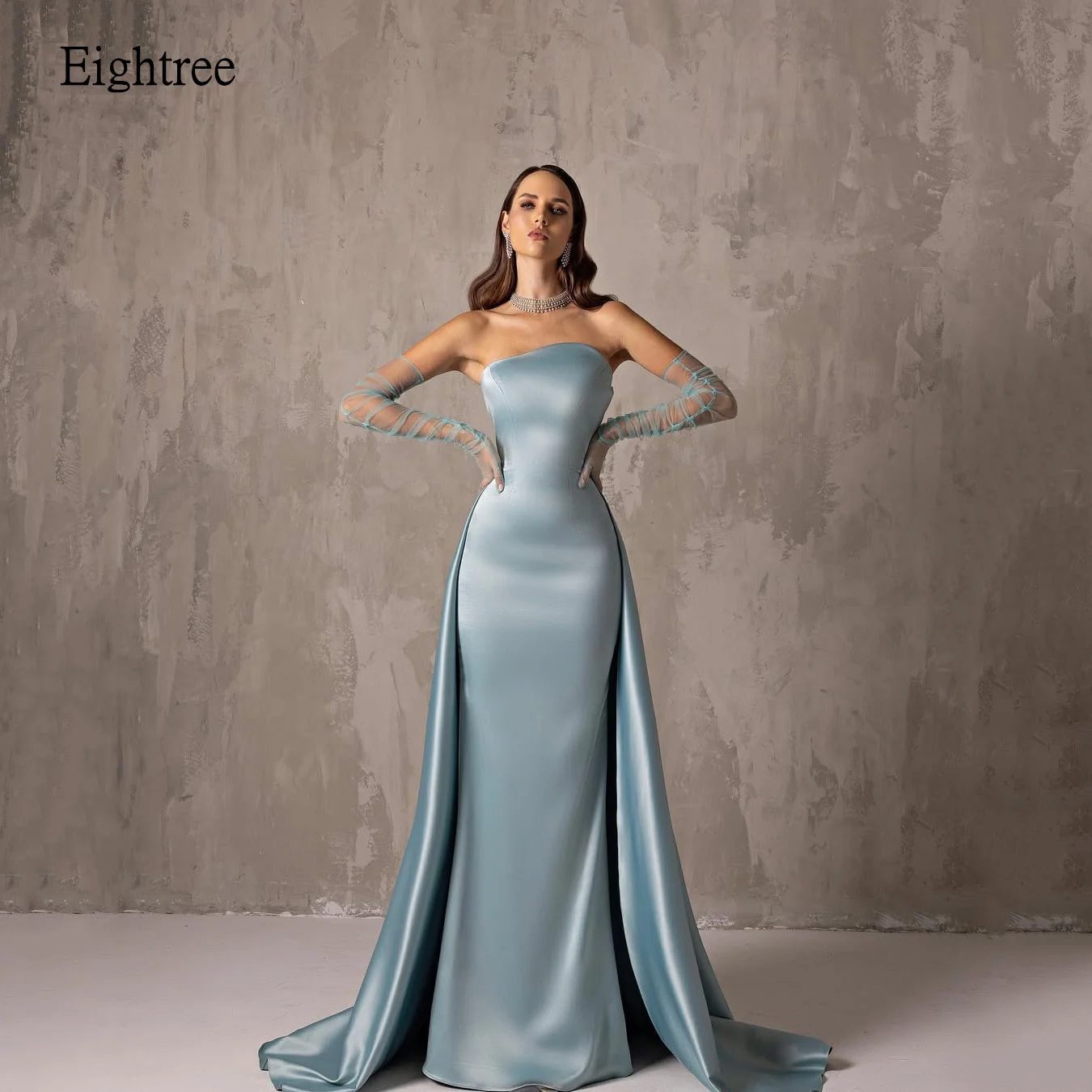 

Eightree Sky Blue Mermaid Formal Prom Gowns Asymmetric Strapless Evening Dress Saudi Floor Length Women Party Dresses Customized