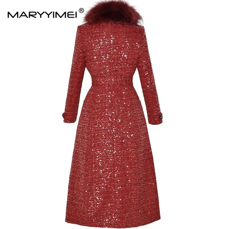 MARYYIMEI Fashion Autumn and Winter Women's Coat Fur Collar Long Sleeve Lace-Up Slim Double Breasted Sequins Design Overcoat