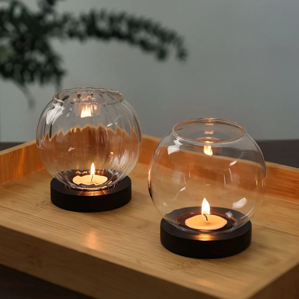 Retro runder transparenter Kerzenhalter aus Glas mit Holzsockel, Öllampenform, Teelicht, Hochzeit, Party, Esstischdekoration