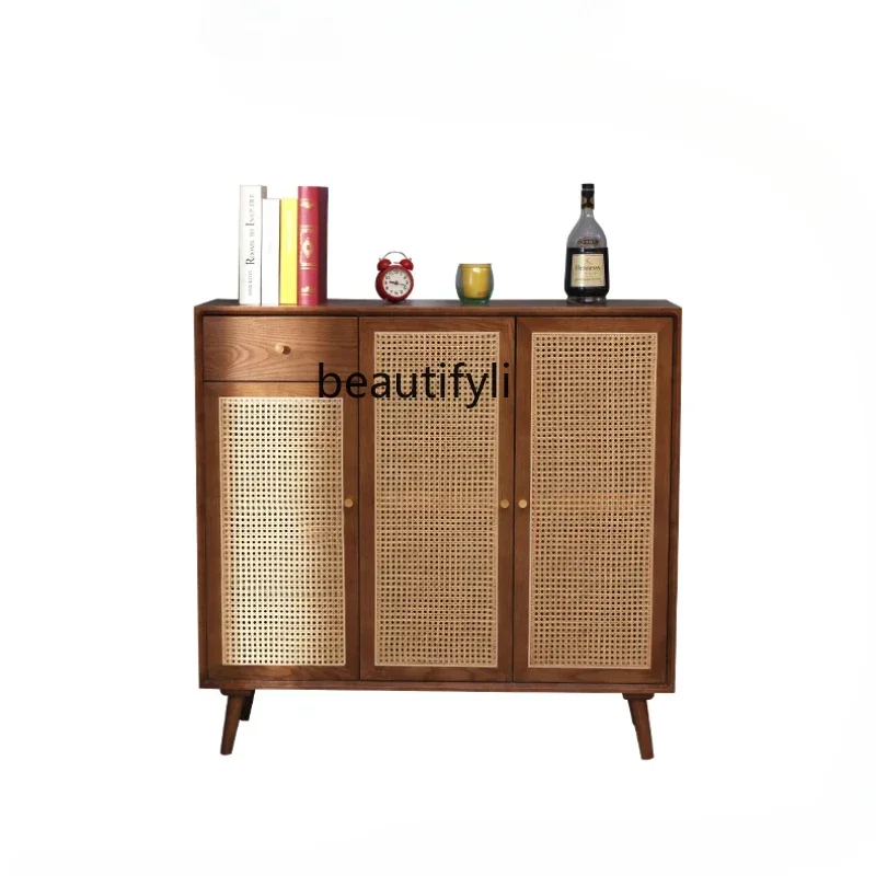 

Retro Rattan Shoe Cabinet Simple Modern Walnut Color Living Room Home Wall Storage Hallway Solid Wood Entrance Cabinet B & B