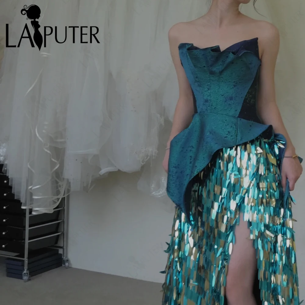 Lake Blue Jacquard Satin Evening Dresses Sparkle Sequin Tassels Semi A line Prom Gown Peplum Celebrity Dress New Design 2024