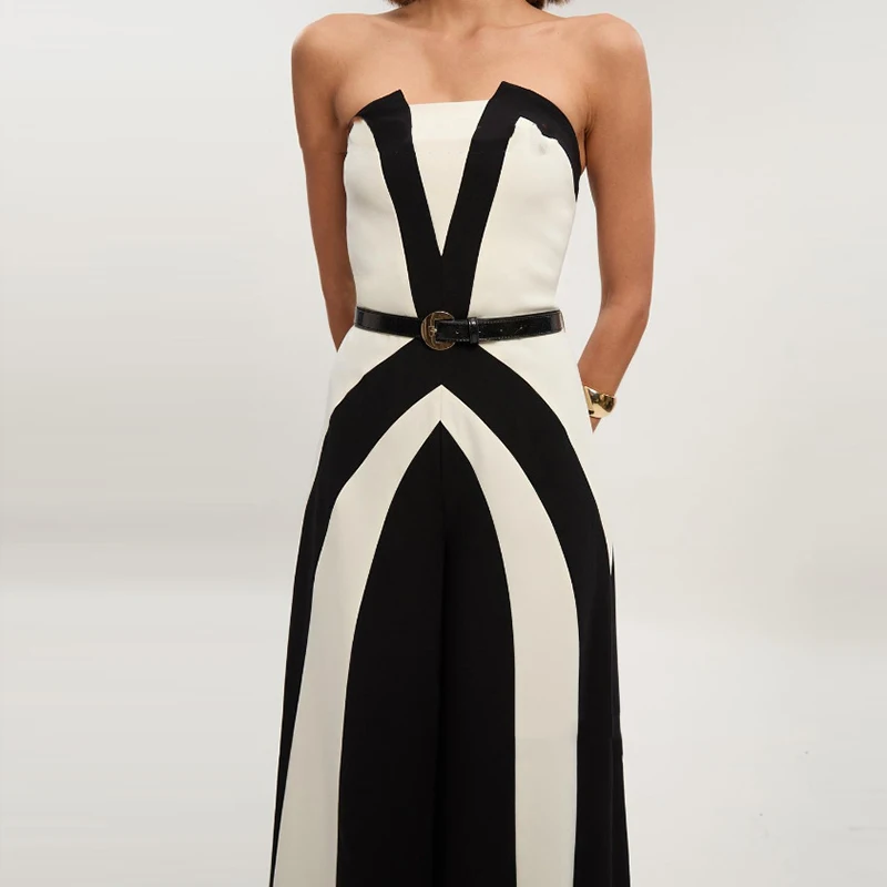 

Elegant Color Blocked Sleeveless Banquet Playsuit Casual Backless Straight Pants Rompers Ladies Sexy Strapless Summer Jumpsuit