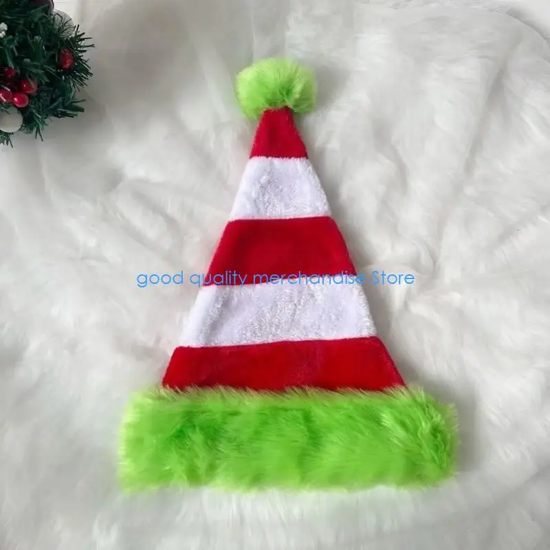 Y5JD Furry Plush Striped Santa Hats for Christmas Party All Age Festival Santa Caps Family Gathering Headwear for Parent Kids