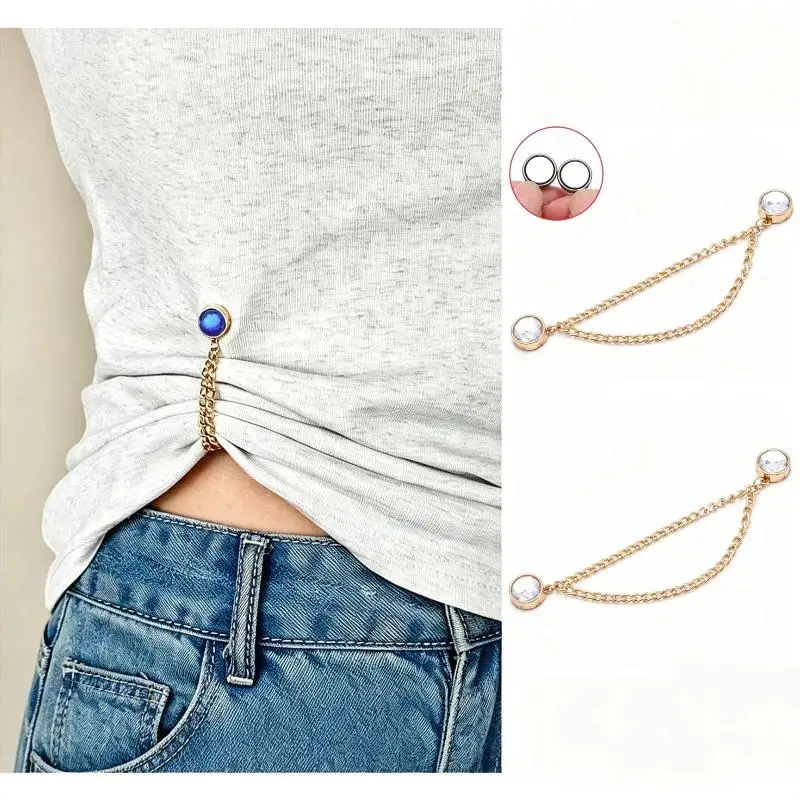 2PCS Rhinestone Magnetic Waist Cinch Clips With Adjustable Chain For Tightening Oversized Tops