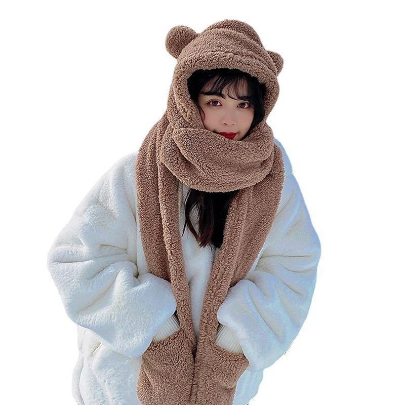 1Pc Cute Bear Ear Hat Scarf Gloves 3-in-1 Winter Warm Hedging Cap Women Windproof Plush Hat Scarf