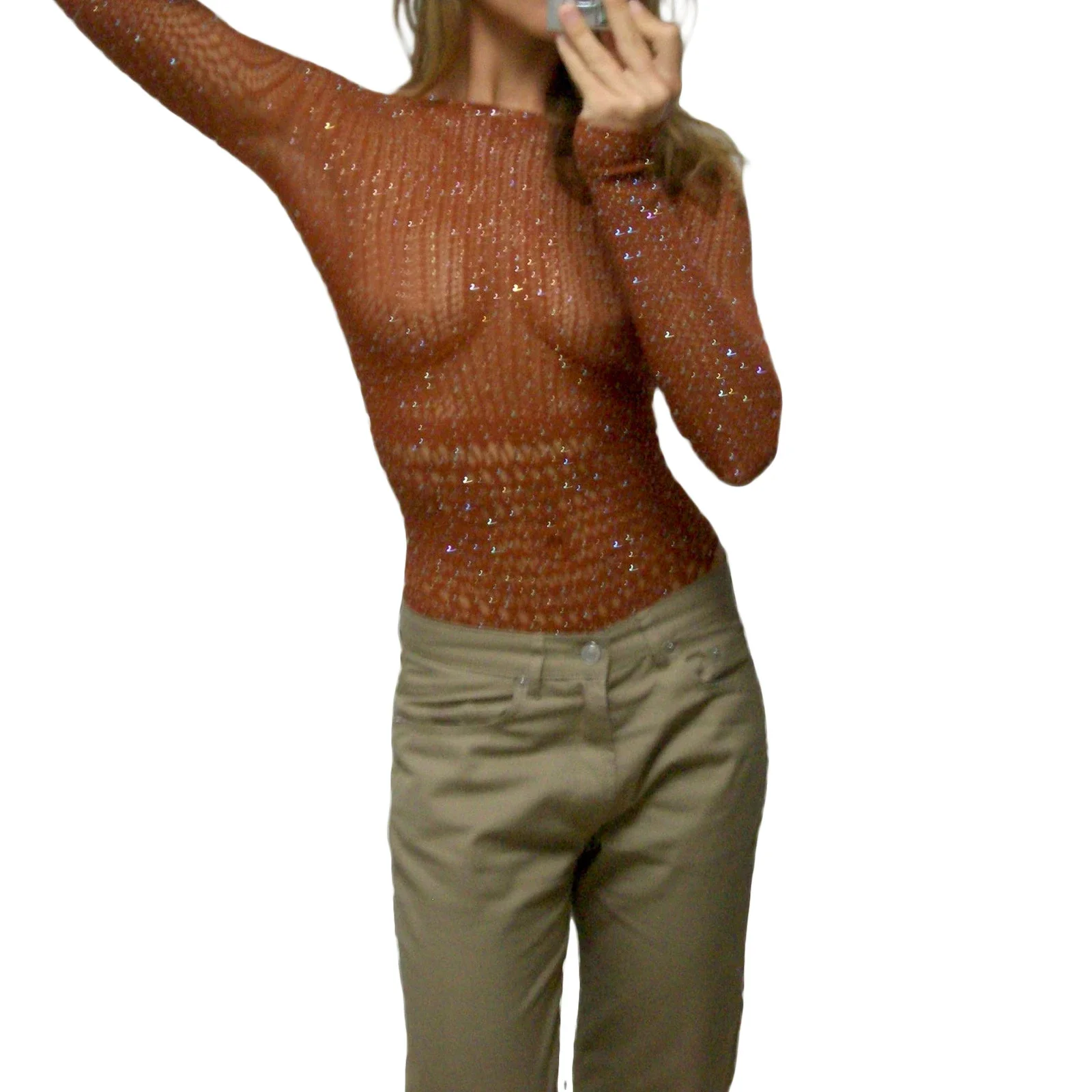 Y2k セクシーな中空アウト網タイツトップス女性 ​ ​ ソリッドカラー長袖バックレスシアーメッシュシニーシャツブラウスヴィンテージストリートウェア