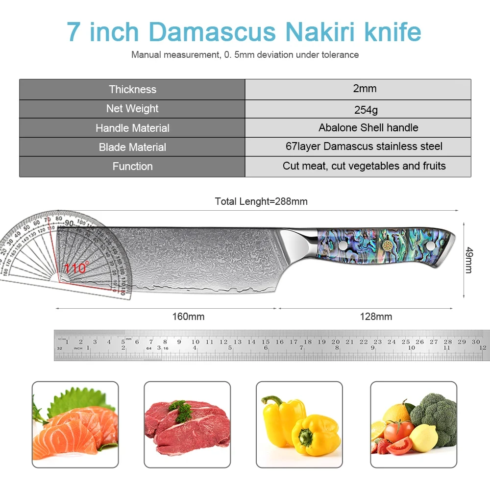 7Inch Damascus Nakiri Knife Kitchen Cooking Knives 67 layers VG10 steel Knife Ultra Sharp Exquisite Kitchen Vegetable Meat Knife