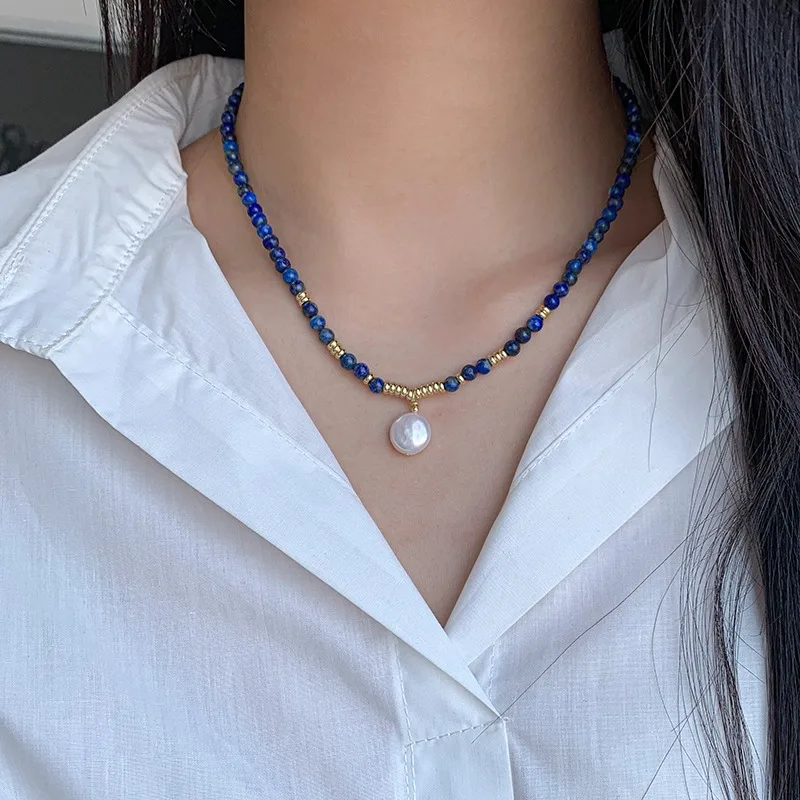 100% Natürliche Barocke Knopf-Süßwasserperlen & Lapislazuli-Perlen, 14K Vergoldete Damen-Anhänger-Halskette, Verblasst Nicht, Geschenk – Detail 3