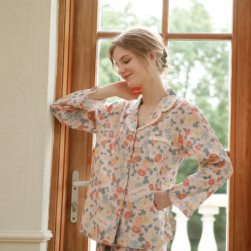 100% Cotton Pajamas Women Autumn Cardigan Two Piece Suit Long Sleeve Home Clothes Floral Sexy Sleepwear Nightwears for Ladies