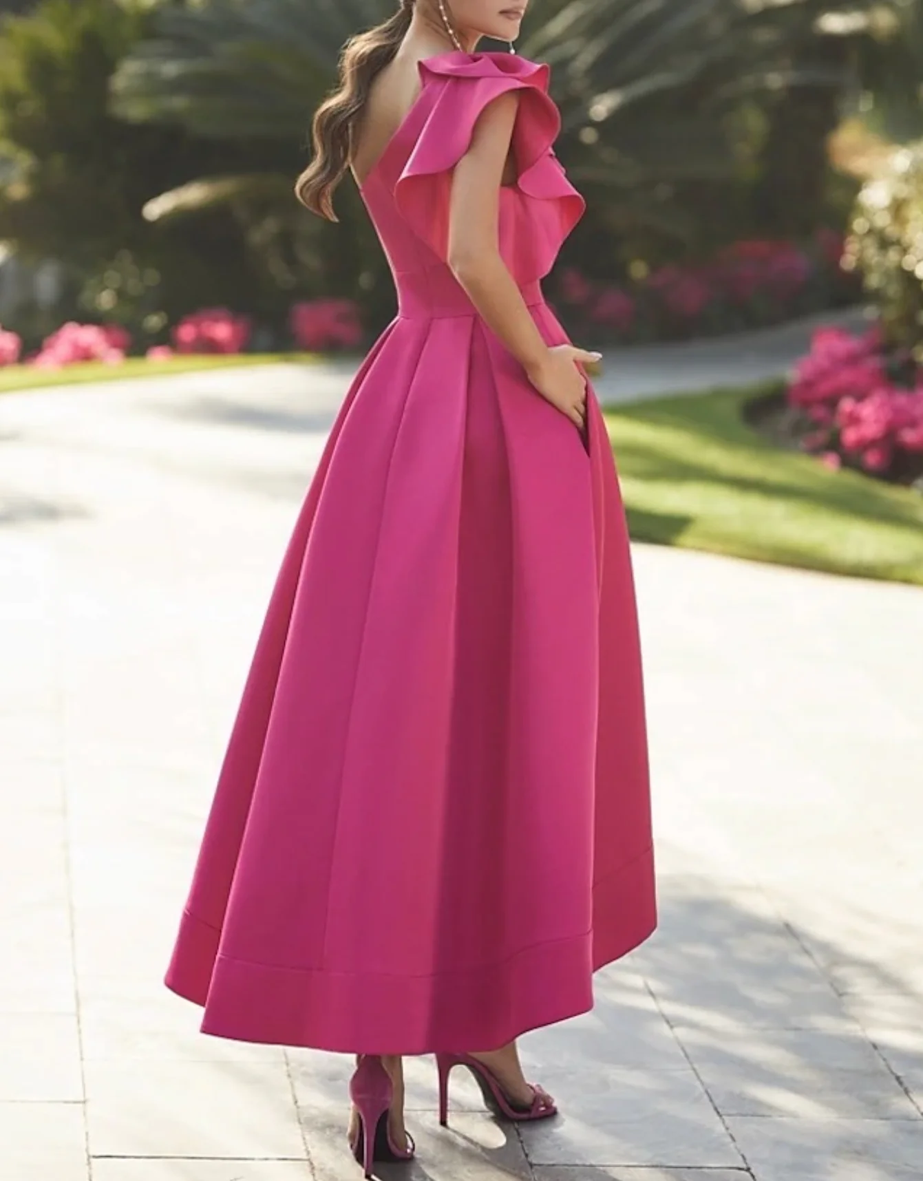 A-Line Cocktail Dresses Elegant Dress Prom Birthday Asymmetrical Sleeveless One Shoulder  with Ruffles Pure Color 2024