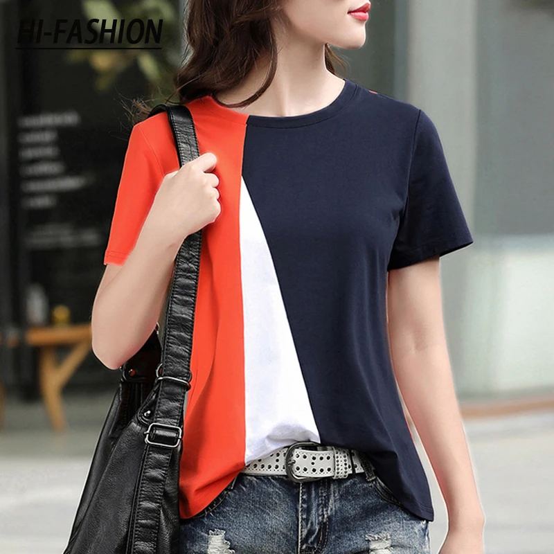 

HI-FASHION Simple Stitching Female T-Shirt Casual Women Tops Summer Cool Short Sleeve Shirt Korean Slim Woman Blusas