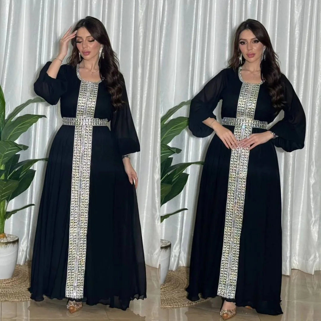 

Cross border Muslim Middle Eastern robe women's abaya fashion chiffon patchwork sequin dress