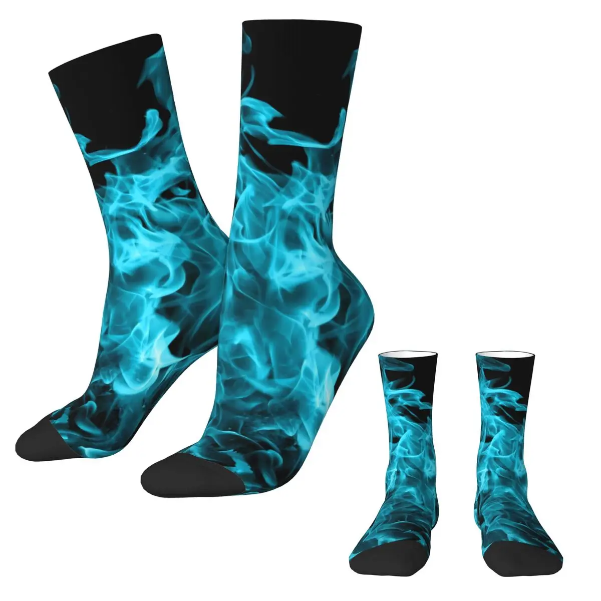 Fire Aqua Flames Socks Blue Fire Print Trendy Stockings Autumn Anti Skid Women Men Socks Quality Custom Outdoor Socks