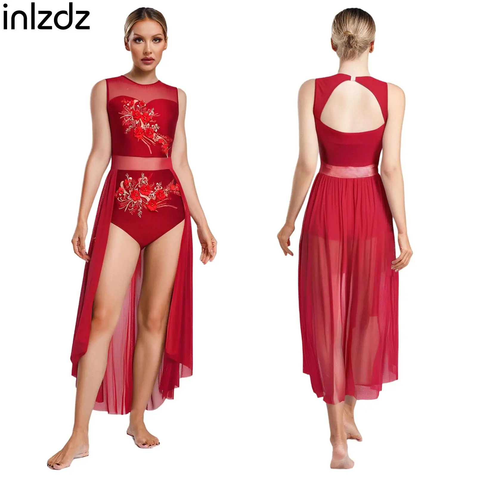 

Women Sleeveless Lyrical Contemporary Dance Dress Three-Dimensional Applique Flower Embroidery Cutout Back Overlay Flowing Dress