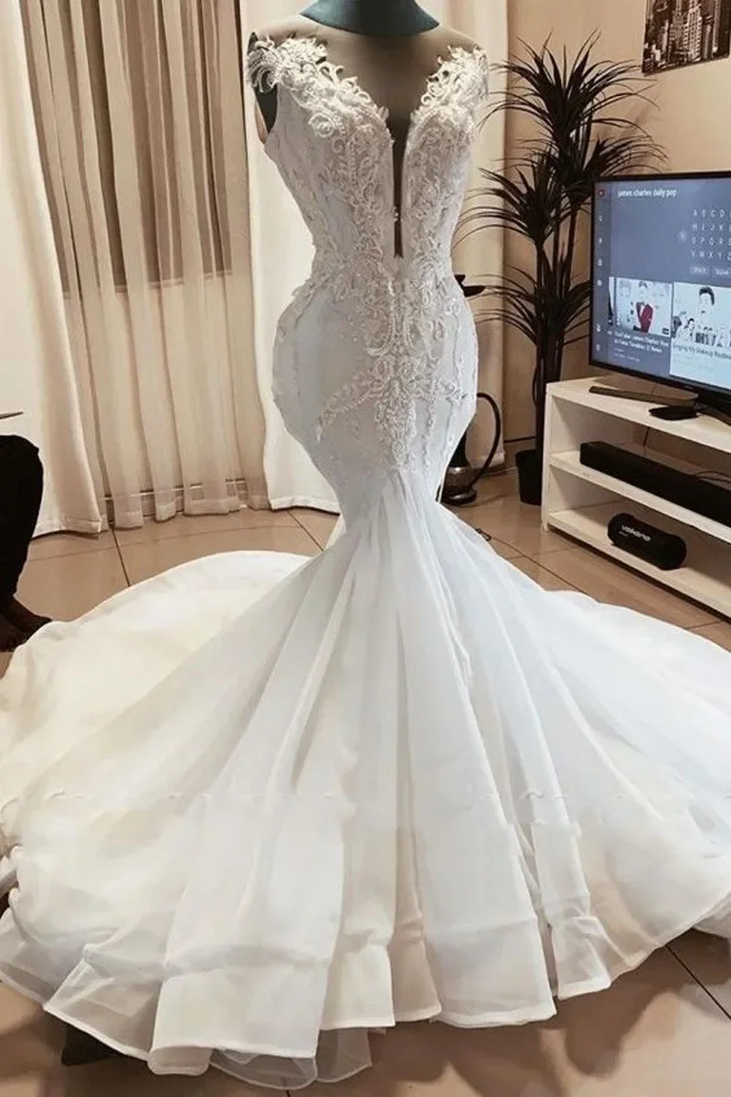 

Customized Cap Sleeves Lace Appliques Mermaid Wedding DressChapel Train Vestidos De Noiva Vintage Style Real Photo Bridal Gown