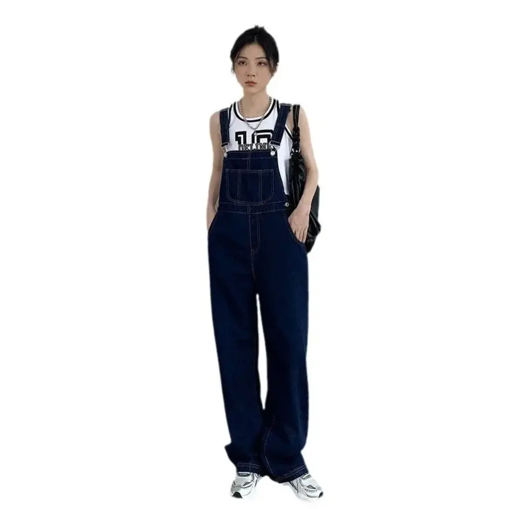 Pantalones vaqueros de cintura alta de estilo coreano con tirantes para mujer, Vaqueros rectos holgados de pierna ancha que adelgazan que combinan con todo