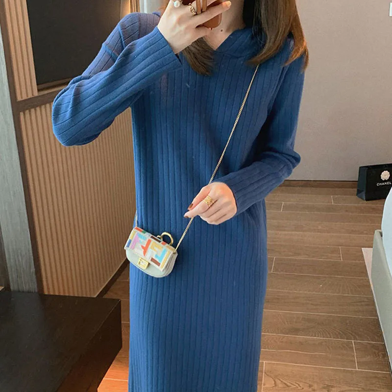 

2023 New Thick Autumn Winter Mid Length Pullovers Fashion Hooded Woolen Dress Warm Bottom Knitted Sweater Women Knitwears