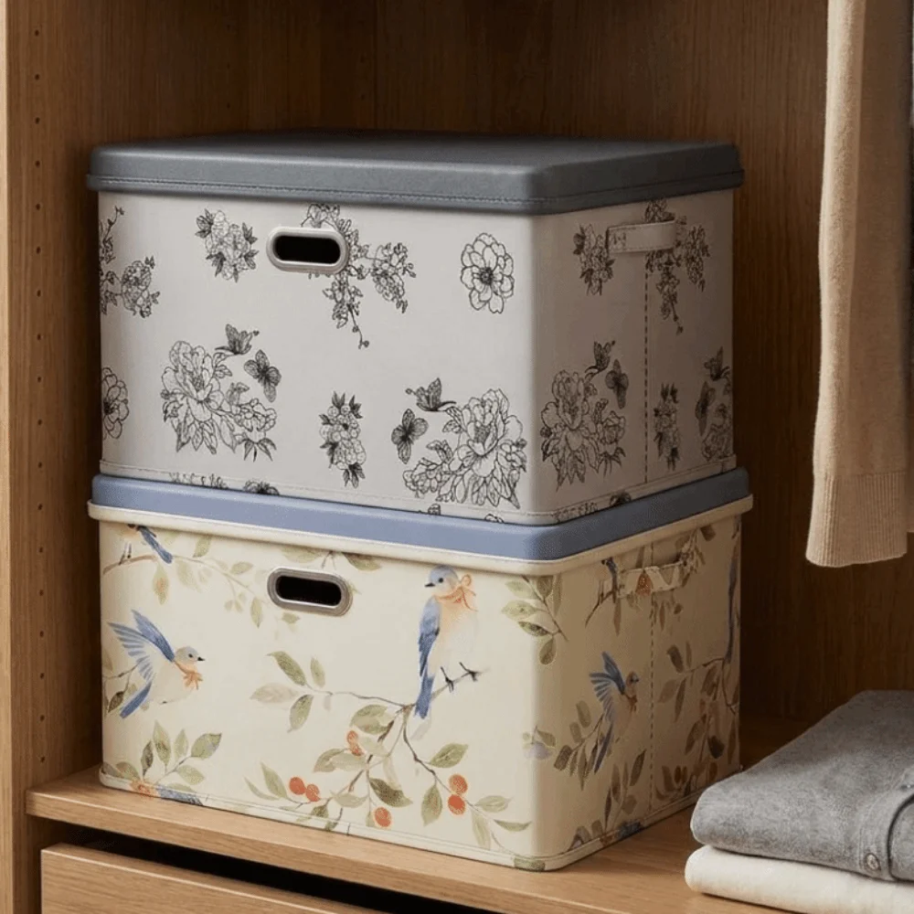 Oxford Fabric Peony Pattern Storage Box Folding Dust-proof Car Storage Container Space Saving with Lid