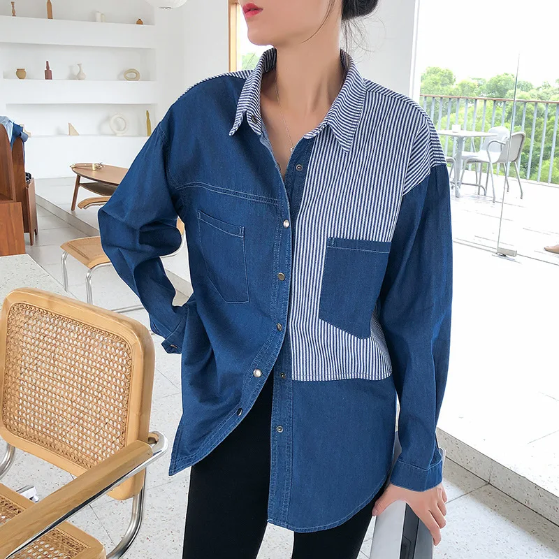 

Fashion Stripe Spliced Denim Shirt Spring Autumn Long Sleeve Single-Breasted Loose Women Blouse Korean Style Casual Tops