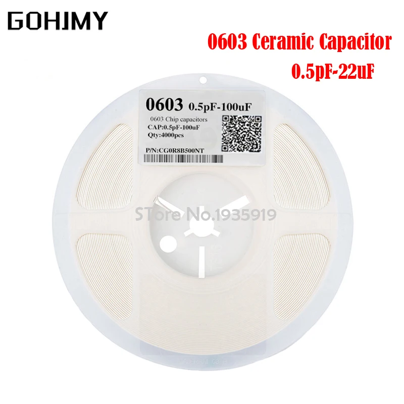 

1 катушка = (4000 шт.) 0603 0,5 пФ ~ 100 мкФ SMD пленка Gohjmy Chip многослойный керамический конденсатор 10NF 100NF 1 мкФ 2,2 мкФ 4,7 мкФ 10 мкФ 1PF