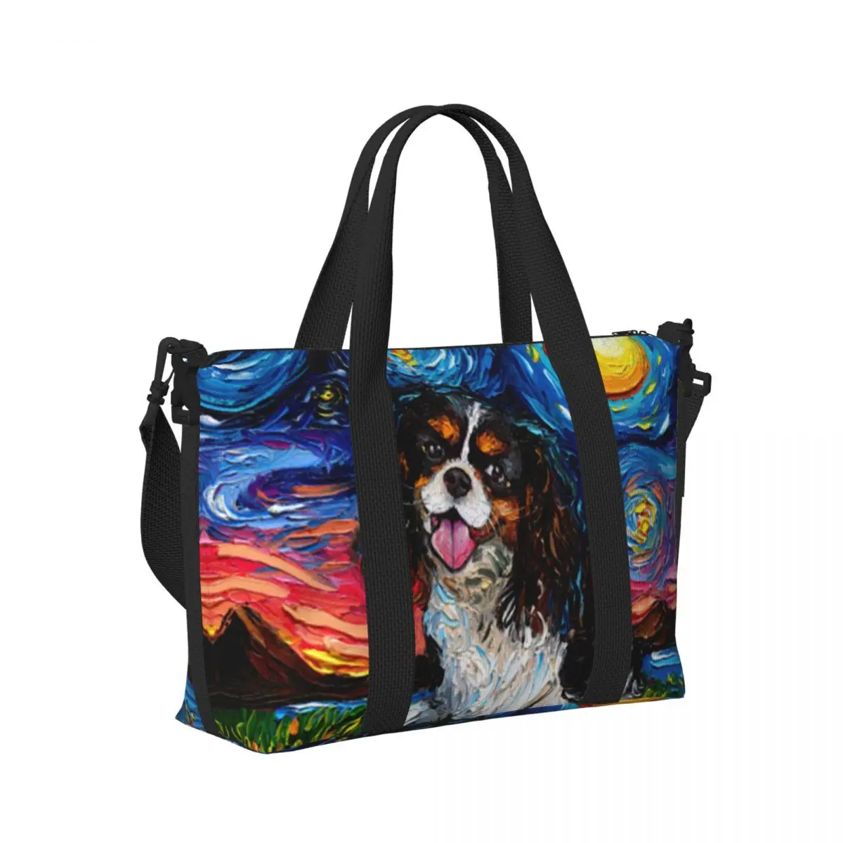 

Tri Color Cavalier King Charles Spaniel Night Beach Travel Bag Tote Bags for Gym Yoga Women Shopping Duffle Shoulder Bag